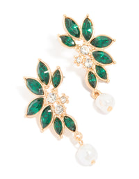 Gold Green Diamante & Pearl Marquise Stud Earrings - link has visual effect only