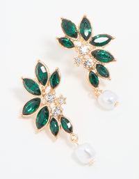 Gold Green Diamante & Pearl Marquise Stud Earrings - link has visual effect only