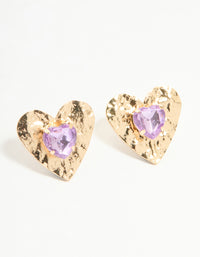 Gold Purple Diamante Heart Center Stud Earrings - link has visual effect only