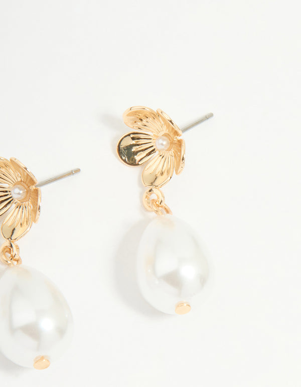 Gold Pearl Flower & Diamante Stud Earrings 2-Pack