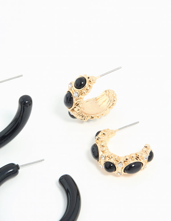 Gold & Dark Blue Pearl  Drop Hoop Earrings 3-Pack