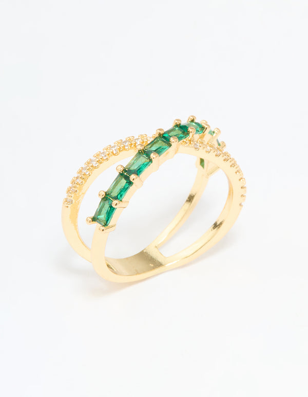 Gold Plated Green Cubic Zirconia Criss Cross Ring