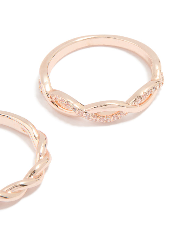 Rose Gold Cubic Zirconia Woven Stacking Rings 2-Pack