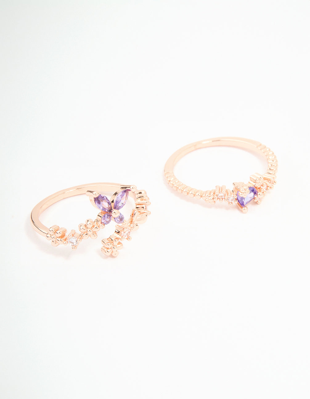 Rose Gold Cubic Zirconia Dainty Butterfly Rings 2-Pack