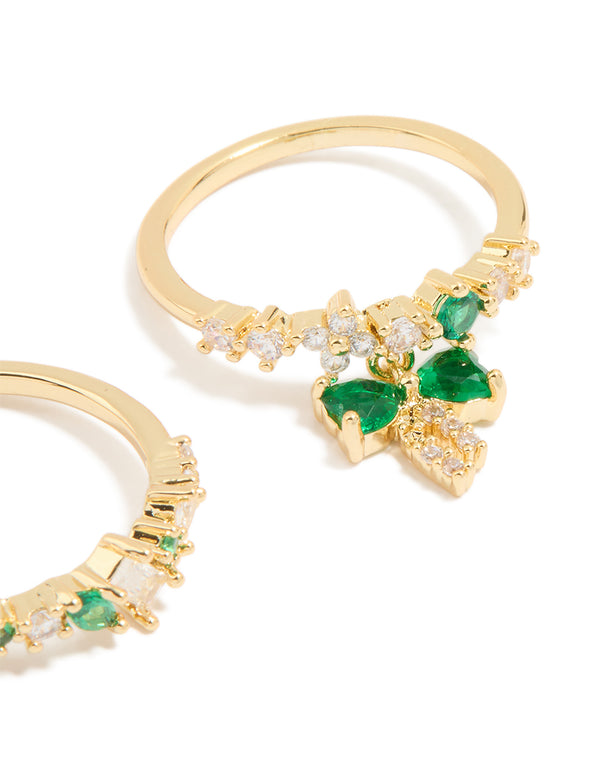Gold Plated Green Cubic Zirconia Bow & Dainty Rings 2-Pack