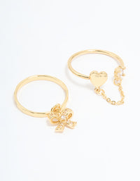 Gold Plated Cubic Zirconia Heart Chain Ring - link has visual effect only