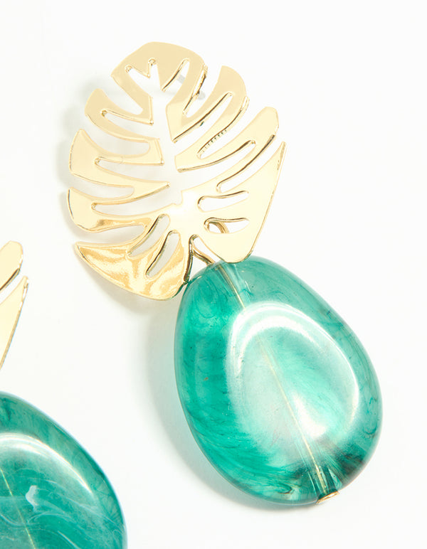 Gold Blue Stone Leaf Drop Earrings