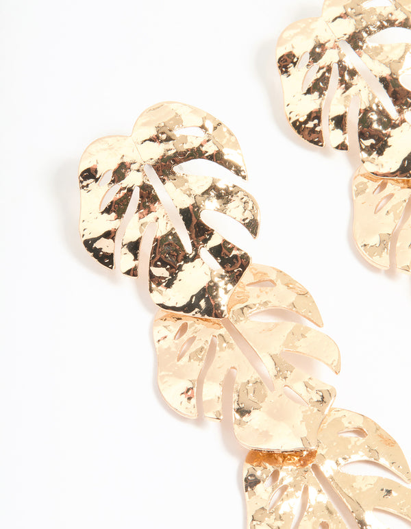 Gold Molten Leaf Drop Earrings