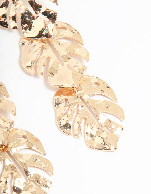 Gold Molten Leaf Drop Earrings