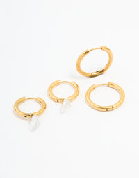 Waterproof Gold Plated Stainless Steel Cubic Zirconia Droplet & Sleek Hoop Earrings 2-Pack - link has visual effect only