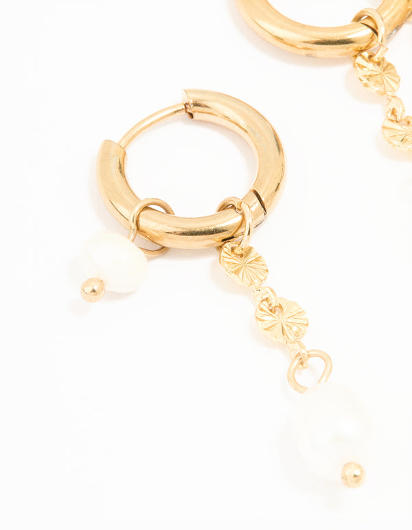 Waterproof Gold Plated Stainless Steel Chain Freshwater Pearl Drop Huggie Earrings