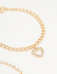 Gold Diamante Mixed Chain Heart Bracelets 3-Pack - link has visual effect only