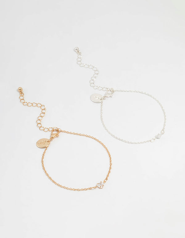 Mixed Metal Cubic Zirconia Heart Bracelets 2-Pack