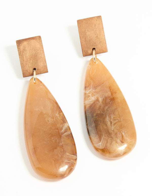 Gold Wood Oval Drop Earrings