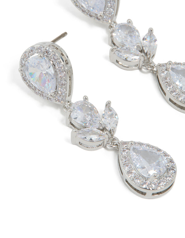 Silver Cubic Zirconia Double Halo Drop Earrings