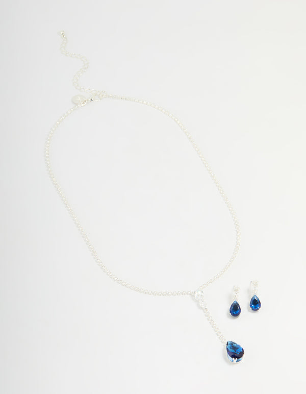 Silver Blue Cubic Zirconia Pear Y-Necklace & Earrings Set