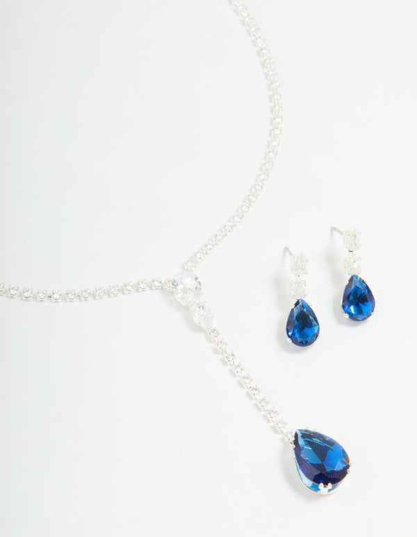 Silver Blue Cubic Zirconia Pear Y-Necklace & Earrings Set