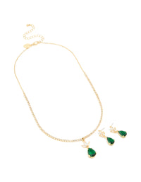 Gold Green Cubic Zirconia Pear Necklace & Earrings Set - link has visual effect only