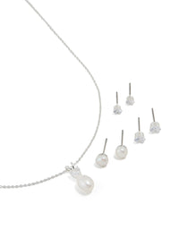 Silver Cubic Zirconia Freshwater Pearl Stud Necklace & Earrings Set - link has visual effect only