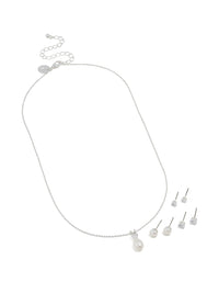 Silver Cubic Zirconia Freshwater Pearl Stud Necklace & Earrings Set - link has visual effect only