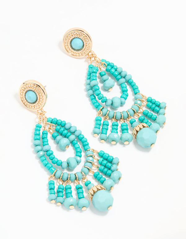 Gold Blue Beaded Teardrop Drop Earrings