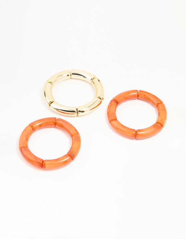 Orange Acrylic Bamboo Stretch Bracelets 3-Pack