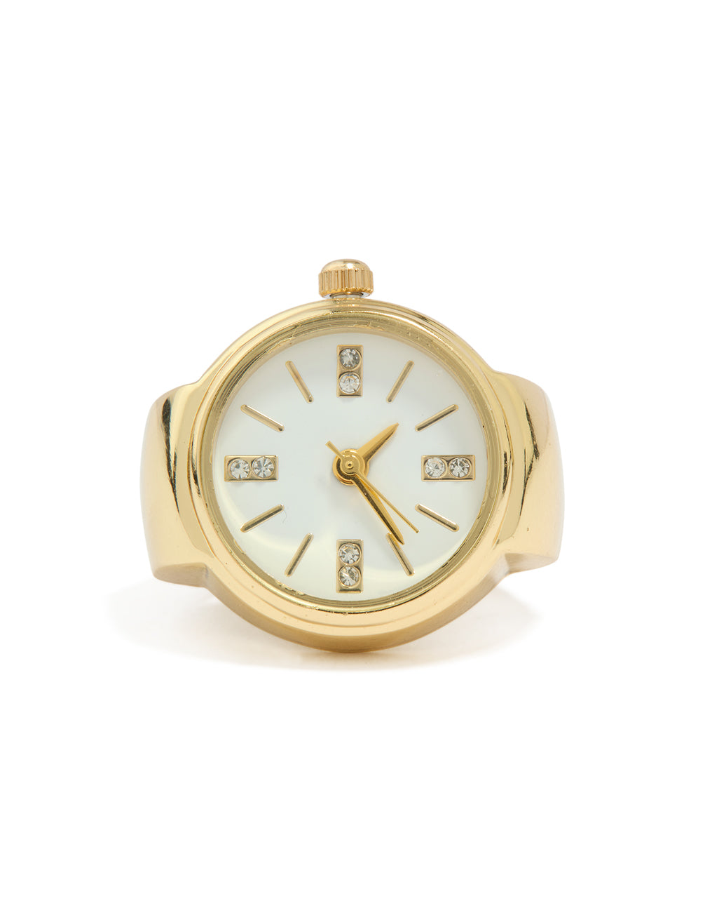 Highlighting a gold statement watch ring front view