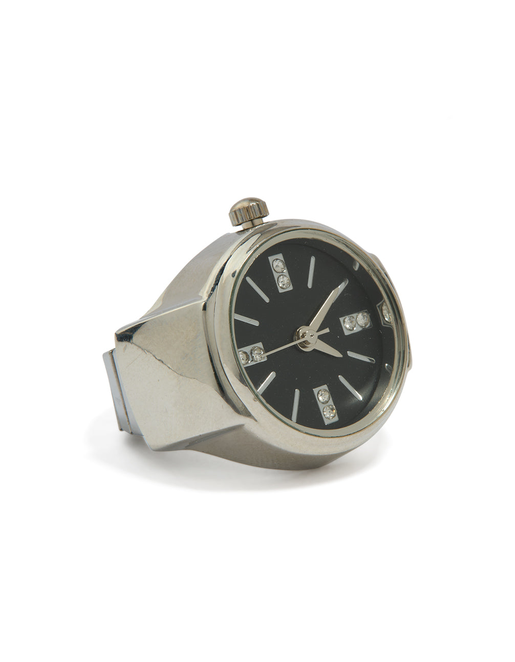 Showcasing a statement watch ring in silver with black dial front view