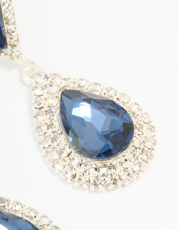 Silver Blue Diamante Double Pear Drop Earrings