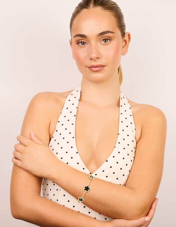 Gold Plated Black Flowers Charm Bracelet