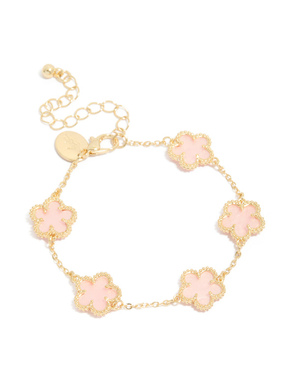 Gold Plated Pink Flowers Charm Bracelet