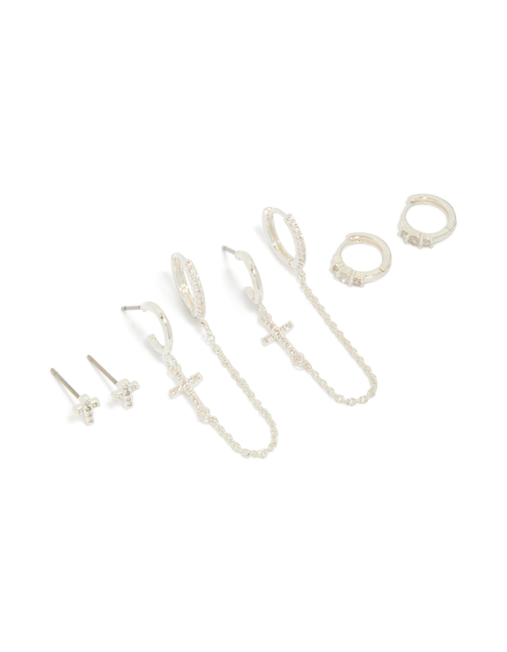 Silver Plated Brass Cubic Zirconia Cross Stud & Chain Earrings 4-Pack