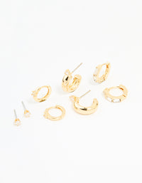 Gold Plated Brass Cubic Zirconia Huggie & Stud Earrings 4-Pack - link has visual effect only