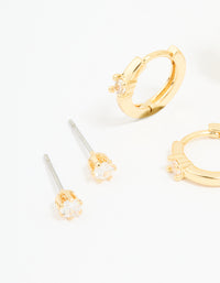 Gold Plated Brass Cubic Zirconia Huggie & Stud Earrings 4-Pack - link has visual effect only