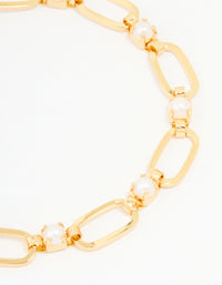 Gold Plated Brass Pearl Oval Link Chain Bracelet - link has visual effect only