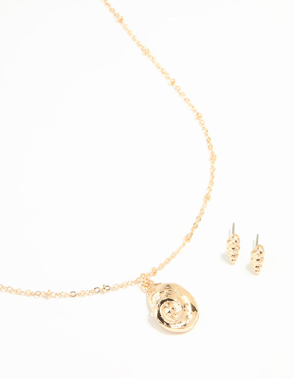 Gold Conch Shell Necklace & Earrings Set