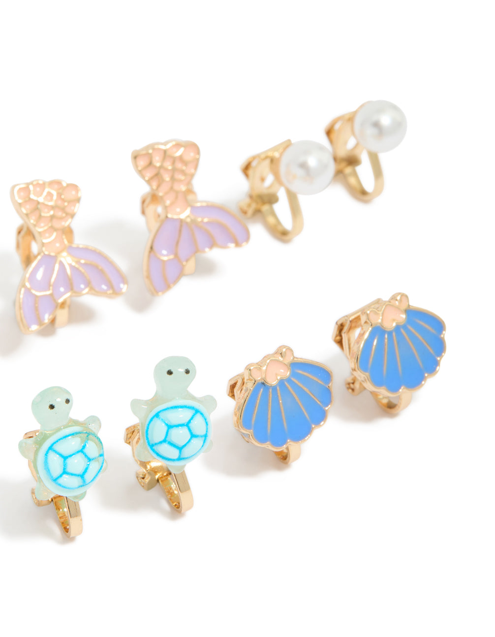 Kids Gold Turtle & Mermaid Clip On Earrings 5-Pack