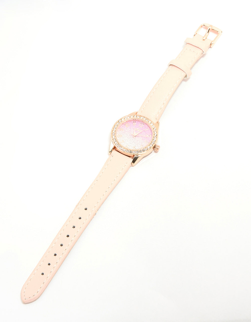 Featuring kids pink rose gold analogue watch featuring glitter and number with round dial shape in casual style and leather strap front view