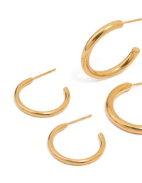 Waterproof Gold Plated Stainless Steel Twisted & Smooth  Hoop Earrings 3-Pack - link has visual effect only
