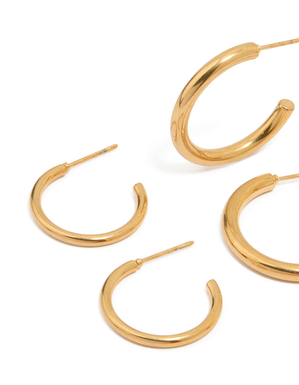 Waterproof Gold Plated Stainless Steel Twisted & Smooth  Hoop Earrings 3-Pack