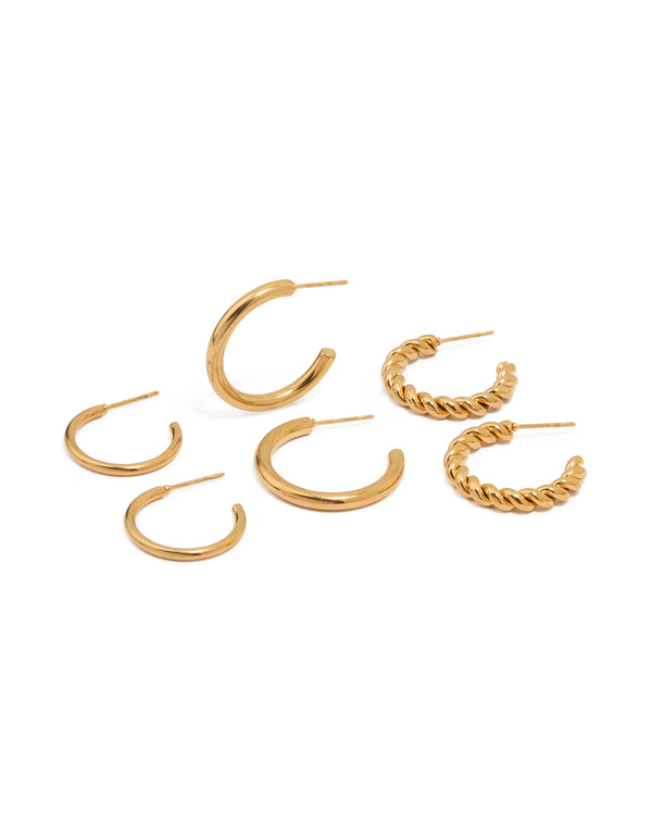 Waterproof Gold Plated Stainless Steel Twisted & Smooth  Hoop Earrings 3-Pack