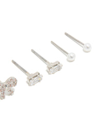 Waterproof Stainless Steel Cubic Zirconia & Peal Stud Earrings 4-Pack - link has visual effect only