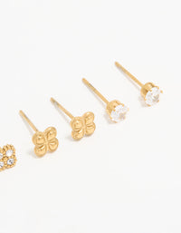 Waterproof Gold Plated Stainless Steel Cubic Zirconia Flower & Classic Stud Earrings 4-Pack - link has visual effect only