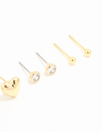 Waterproof Gold Plated Stainless Steel Cubic Zirconia & Heart Stud Earrings 4-Pack - link has visual effect only