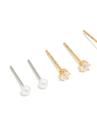 Waterproof Gold Plated Stainless Steel Cubic Zirconia & Pearl Classic Stud Earrings 4-Pack - link has visual effect only