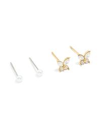 Waterproof Gold Plated Stainless Steel Cubic Zirconia Butterfly & Stud Earrings 4-Pack - link has visual effect only