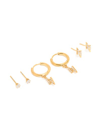 Waterproof Gold Plated Stainless Steel Cubic Zirconia Bolt Stacker Earrings 3-Pack - link has visual effect only