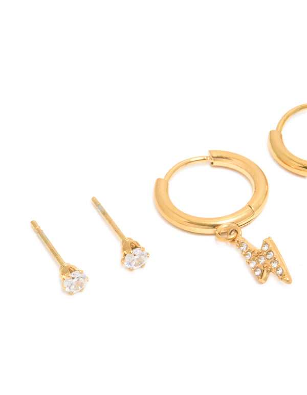 Waterproof Gold Plated Stainless Steel Cubic Zirconia Bolt Stacker Earrings 3-Pack