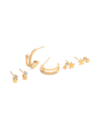 Waterproof Gold Plated Stainless Steel Cubic Zirconia Celestial Stud Earrings 3-Pack - link has visual effect only