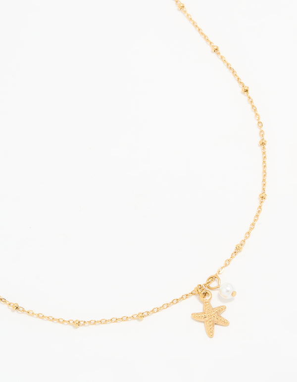 Waterproof Gold Plated Stainless Steel Pearl & Starfish Dainty Necklace